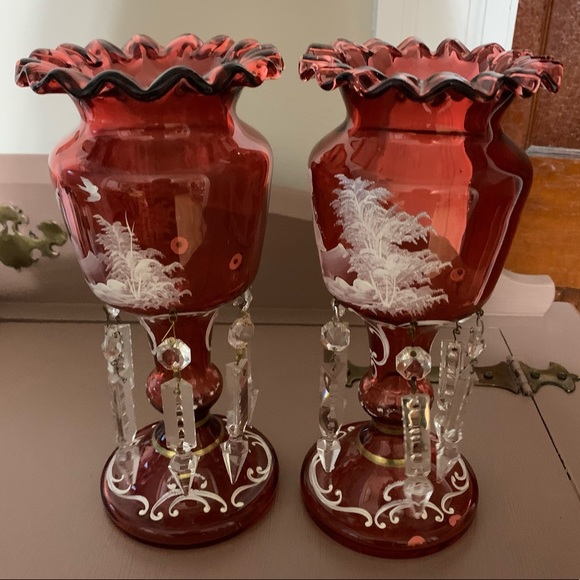 Victorian Mary Gregory Cranberry Glass Mantle LUSTRE Vases - Picture 4 of 11